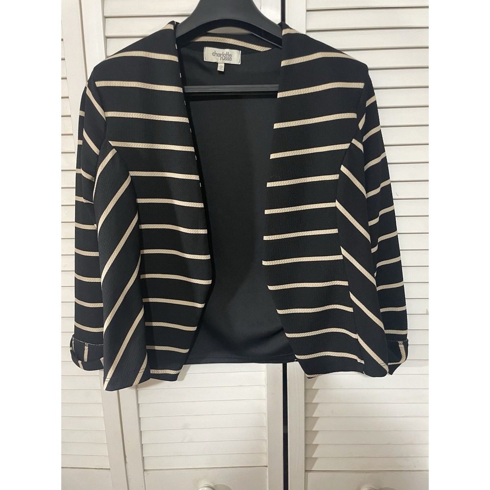 Charlotte Russe Women's Striped Blazer Jacket L Black Beige Long Sleeve
